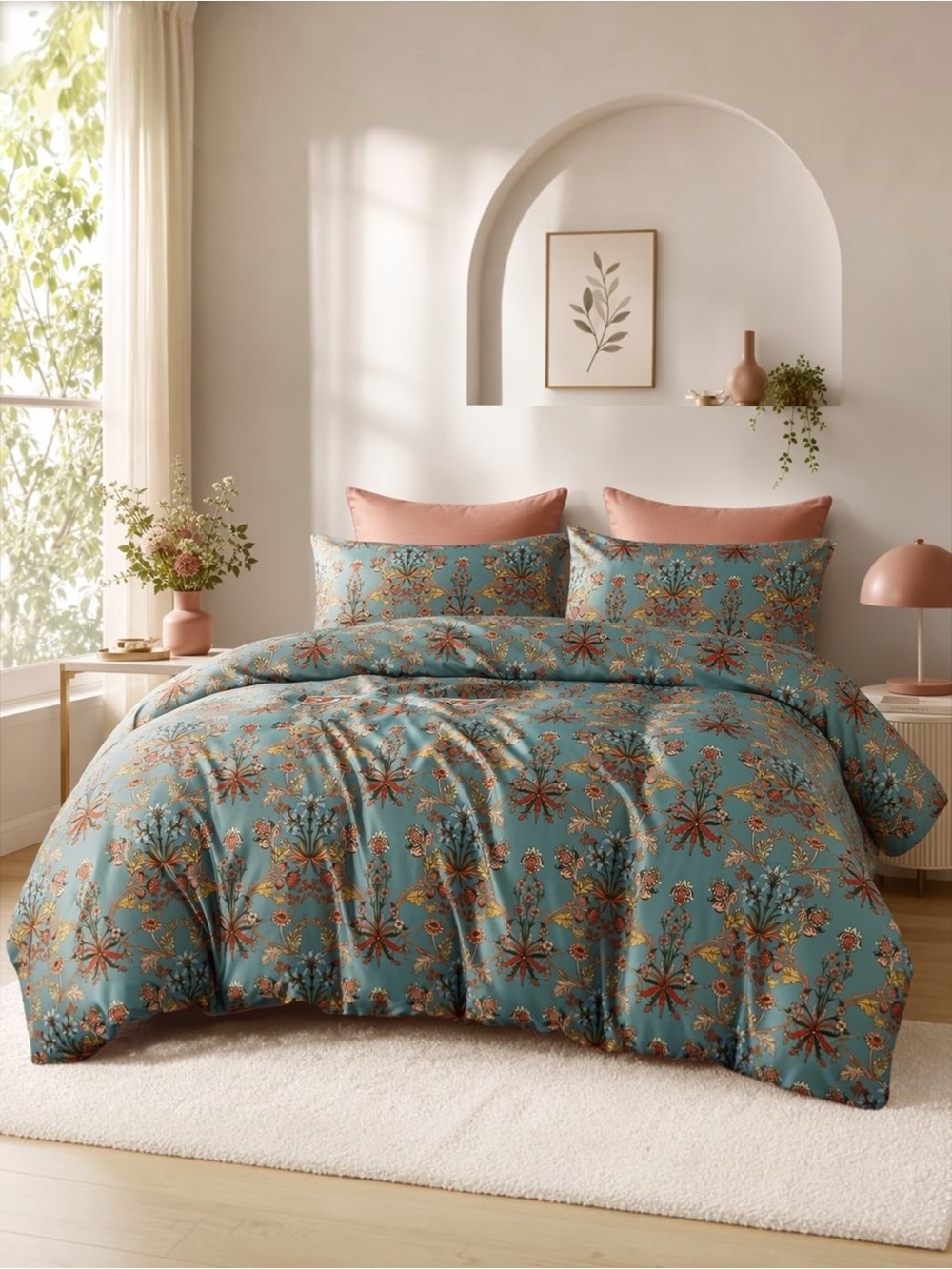 NEW Anthropologie Teal Orange Cotton Boho Queen Bedding Duvet & Floral Sham Set